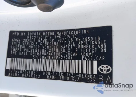 2017 Toyota Corolla Le from USA, damaged, VIN 5YFBURHE8HP622204
